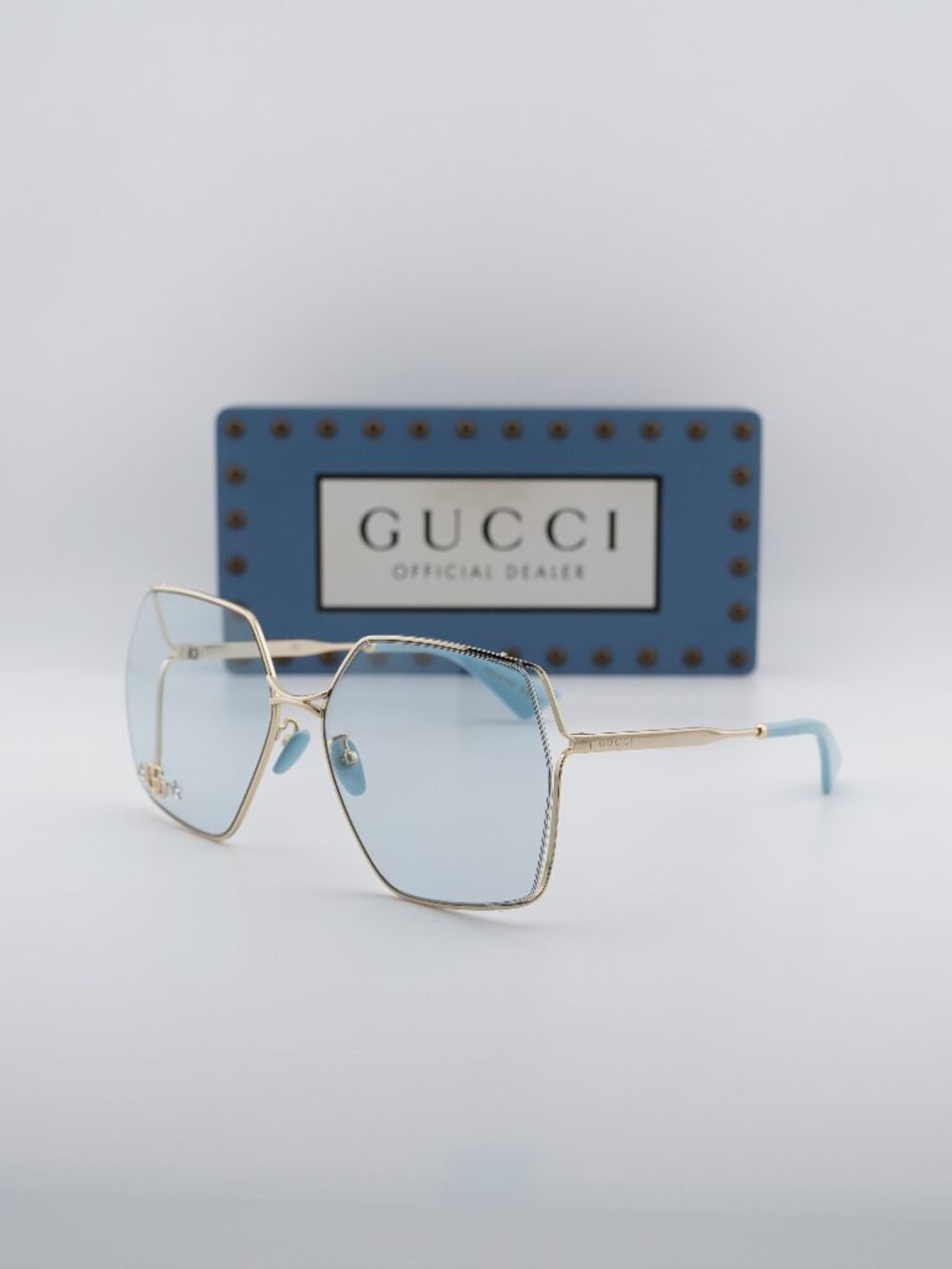 Gucci GG0817S 004 Square Oversize Sunglasses - Gold / Light Blue